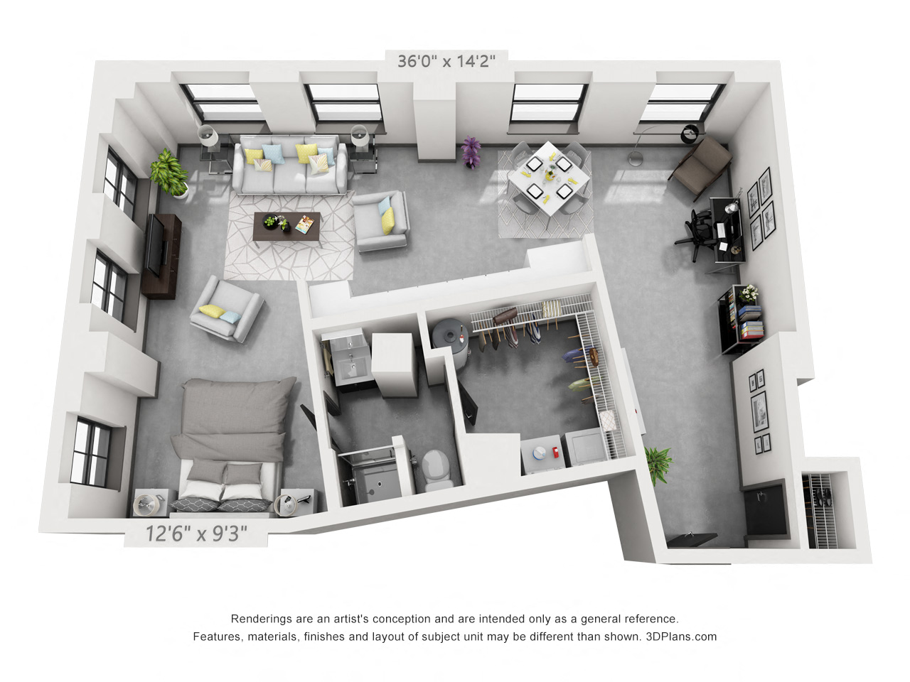 Floor plan for 1 bed, 1 bath, 913 sqft